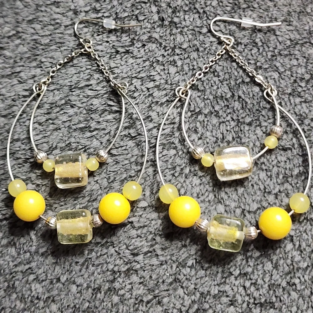 Silvertone Yellow Beaded Hoop Earrings